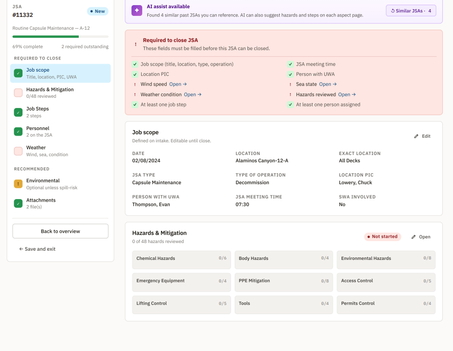 Job safety analysis record in SEMPCheck